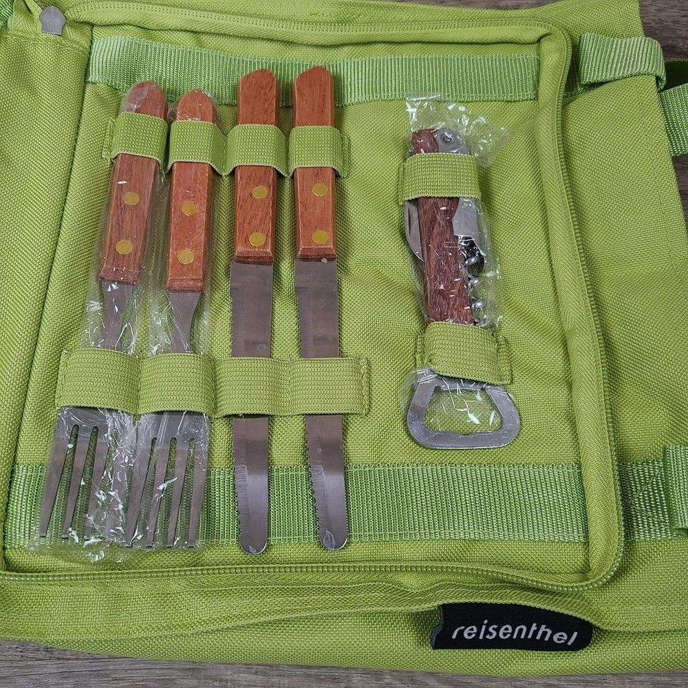 Reisenthel BOTTLEBAG Lime Green Picnic Bottle Carrier w Cutlery For 2 & Corkscre - Picture 4 of 5